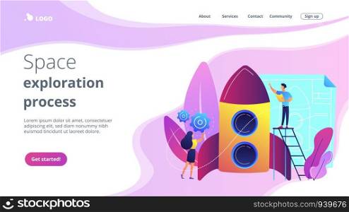 Space technology specialist and engineer constructing rocket, tiny people. Space technology, aerospace industry, space exploration process concept. Website vibrant violet landing web page template.. Space technology concept landing page.