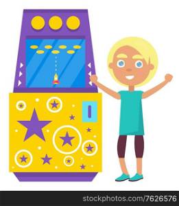 Space theme of game machine vector, child playing on electronic device. Computer with screen, controlling and fighting against aliens, arcade video. Happy boy play video game. Flat cartoon. Kid Playing on Game Machine Shooting in Space