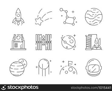Space thin icon. Universe earth discovery astronaut rocket observatory stars telescope alien vector outline symbols. Satellite and rocket, discovery planet illustration. Space thin icon. Universe earth discovery astronaut rocket observatory stars telescope alien vector outline symbols
