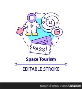 Space tourism concept icon. Suborbital flights service. Cosmos technology abstract idea thin line illustration. Isolated outline drawing. Editable stroke. Arial, Myriad Pro-Bold fonts used. Space tourism concept icon