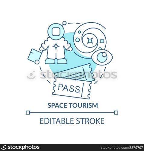 Space tourism turquoise concept icon. Suborbital flights service. Cosmos technology abstract idea thin line illustration. Isolated outline drawing. Editable stroke. Arial, Myriad Pro-Bold fonts used. Space tourism turquoise concept icon