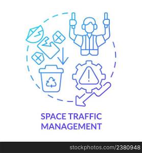 Space traffic management blue gradient concept icon. Solution for debris retrieval. Spacetech trend abstract idea thin line illustration. Isolated outline drawing. Myriad Pro-Bold font used. Space traffic management blue gradient concept icon
