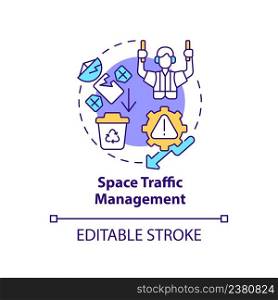 Space traffic management concept icon. Solution for debris retrieval. Spacetech trend abstract idea thin line illustration. Isolated outline drawing. Editable stroke. Arial, Myriad Pro-Bold fonts used. Space traffic management concept icon