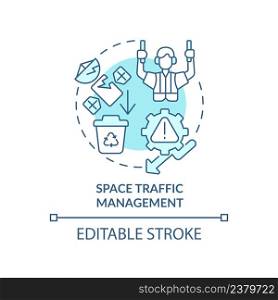 Space traffic management turquoise concept icon. Debris retrieval. Spacetech trend abstract idea thin line illustration. Isolated outline drawing. Editable stroke. Arial, Myriad Pro-Bold fonts used. Space traffic management turquoise concept icon