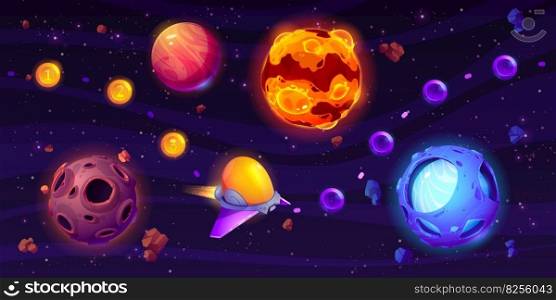 Space ui game level map with planet vector screen background. 2d solar alien spaceship in fantasy universe landscape arcade videogame. Mobile app user progress interface design. Cosmos adventure trip. Space ui game level map with planet and galaxy