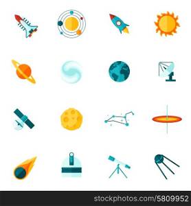 Space Universe Flat Icon Set. Space universe planet satellite shuttle telescope star and constellation flat color icon set isolated vector illustration