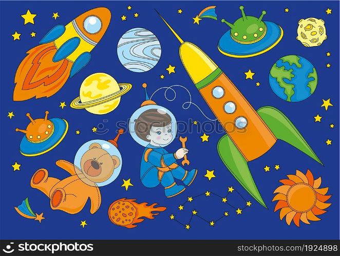 Space Vector Illustration SPACESHIP is Colorful Magic Cartoon Picture for Scrapbooking Babybook Print Card and Album Photo