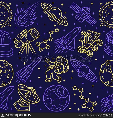 Space vector seamless pattern. Cosmos exploration background. Blue texture, linear color icons. Stars and planets, telescope. Astronaut in universe. Spaceships wrapping paper, wallpaper design