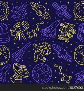 Space vector seamless pattern. Cosmos exploration background. Blue texture, linear color icons. Stars and planets, telescope. Astronaut in universe. Spaceships wrapping paper, wallpaper design