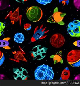 Space vector seamless pattern with spaceships, stars, planet and rockets, childrens fantastic background. Rocket and planet in space, seamless pattern with spaceship and color planet illustration. Space vector seamless pattern with spaceships, stars, planet and rockets, childrens fantastic background