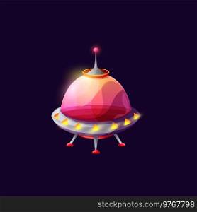 Spacecraft alien ufo saucer or disk shape ship isolated spaceship extraterrestrial station isolated cartoon cosmos galaxy invader with glass dome. Ui game animation flying object, unidentified shuttle. Alien space ship isolated flying saucer spacecraft