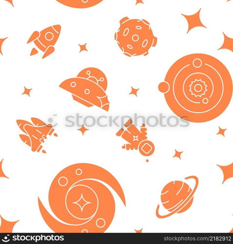 Spacecraft in space abstract seamless pattern. Vector shapes on white background. Trendy texture with cartoon color icons. Design with graphic elements for interior, fabric, website decoration. Spacecraft in space abstract seamless pattern