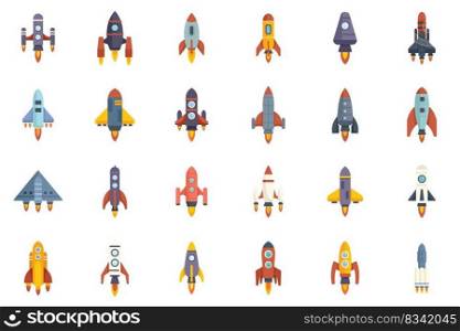 Spacecraft launch icons set flat vector. Rocket ship. Cosmos future isolated. Spacecraft launch icons set flat vector. Rocket ship