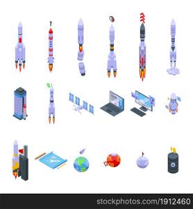 Spacecraft launch icons set isometric vector. Rocket ship. Cosmos future. Spacecraft launch icons set isometric vector. Rocket ship