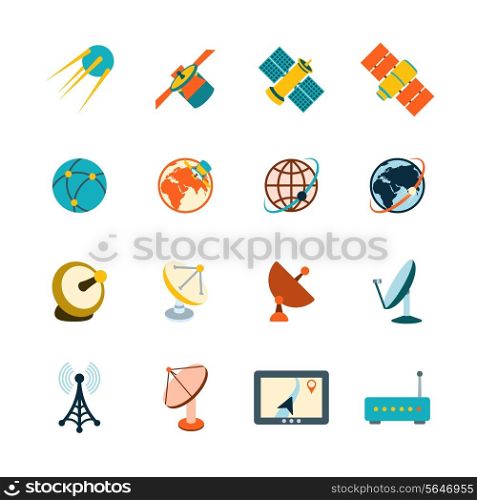 Spacecraft solar panels power satellite navigation global position system technology pictograms collection flat abstract isolated vector illustration