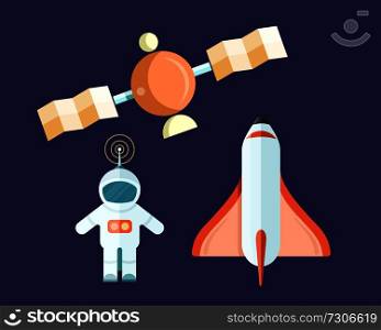 Spaceman and flying satellite with rocket vector colorful poster. Astronaut and transportation means for travelling to space. Spaceman and Flying Satellite with Rocket Poster
