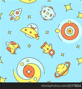 Spaceman floating in space abstract seamless pattern. Vector shapes on blue background. Trendy texture with cartoon color icons. Design with graphic elements for interior, fabric, website decoration. Spaceman floating in space abstract seamless pattern