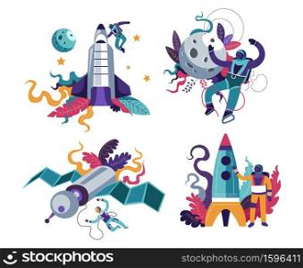Spacemen or astronauts and spaceship or rocket, space or cosmos isolated icons vector. Moon and Saturn, satellite and universe exploration, pressure suits. Interstellar expedition, cosmic voyage. Astronaut or spaceman and spaceship or rocket, space or cosmos isolated icon