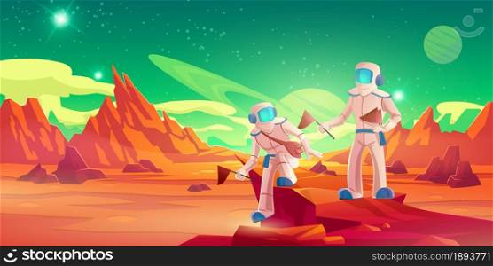 Spacemen with flags walking on Mars surface. Vector cartoon illustration of alien planet landscape with red ground and mountains, stars in sky and astronauts in spacesuits. Spacemen with flags walking on Mars surface