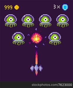 Spaceship and aliens fight pixel game vector. Pixelated characters and points gained in battle, spacecraft galaxy invaders in suits protective uniform. Pixel Game Space Graphics 8 Bit Aliens Spacecraft