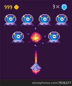 Spaceship and ufo aliens fight pixel game vector. Pixelated characters and points gained in battle, spacecraft galaxy invaders in suits protective uniform. 8 bit objects for app space games. Pixel Game Space Graphics 8 Bit Aliens Spacecraft