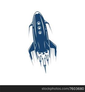 Spaceship flying in space isolated logo. Vector blue spacecraft with fire trail, new idea concept. Blue spacecraft isolated flying airship