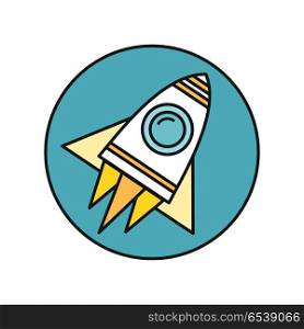Spaceship Icon in Flat. Spaceship round icon in flat. Spaceship on round blue background. Spacecraft icon. Rocket icon. Business design element. Design element, sign, symbol, icon in flat. Vector illustration.