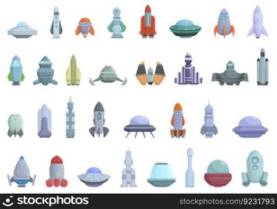 Spaceship icons set cartoon vector. Rocket space. Futuristic spacecraft. Spaceship icons set cartoon vector. Rocket space