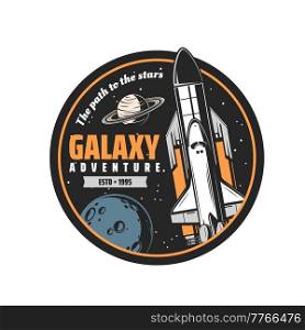 Spaceship in galaxy vector round icon with space rocket. Missile booster carrier with shuttle on board leave Earth to explore galaxy. Galaxy research, alien planets exploration mission, adventure. Spaceship in galaxy icon. vector round label.