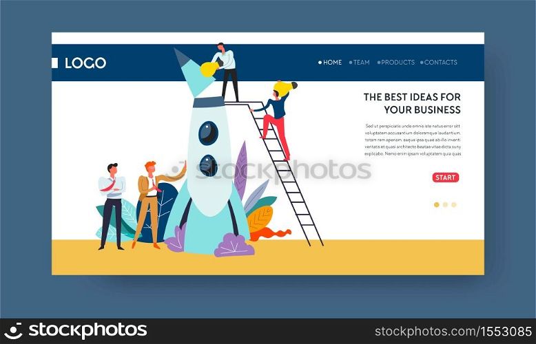 Spaceship launch best business idea concept web page template vector teamwork and entrepreneurship project start money earnings commercial and financial success development and marketing Internet site. Best business idea web page template spaceship launch