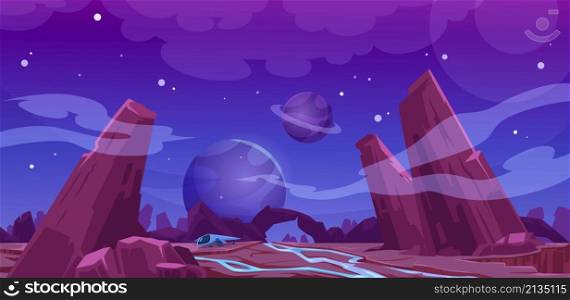 Spaceship on alien planet surface at night. Vector cartoon illustration of futuristic landscape in cosmos with rocks, water stream, shuttle, stars and planets in sky. Fantasy background for space game. Spaceship on alien planet surface at night