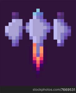 Spaceship power or battle element, space pixel game, set of rocket invaders on purple, galaxy decoration, collection of ships, squared object vector, pixelated cosmic object for mobile app games. Flying Rocket, Spaceship Set, Pixel Game Vector