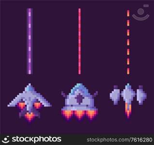 Spaceship shooting, explosion of object, invaders and cosmic sign on purple, video and pixel game, rocket war, dotted line and bang from vehicle vector. War of Spaceship, Pixel Cosmic Equipment Vector