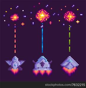 Spaceship shooting, explosion of object, invaders and cosmic sign on purple, video and pixel game, rocket war, dotted line and bang from vehicle vector. Pixelated space video-game. War of Spaceship, Pixel Cosmic Equipment Vector