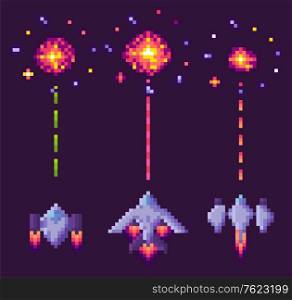 Spaceship shooting, explosion of pixelated object, invaders and cosmic sign on purple, video and pixel game, rocket war, dotted line and bang from vehicle vector. 8 bit old video-game. War of Spaceship, Pixel Cosmic Equipment Vector