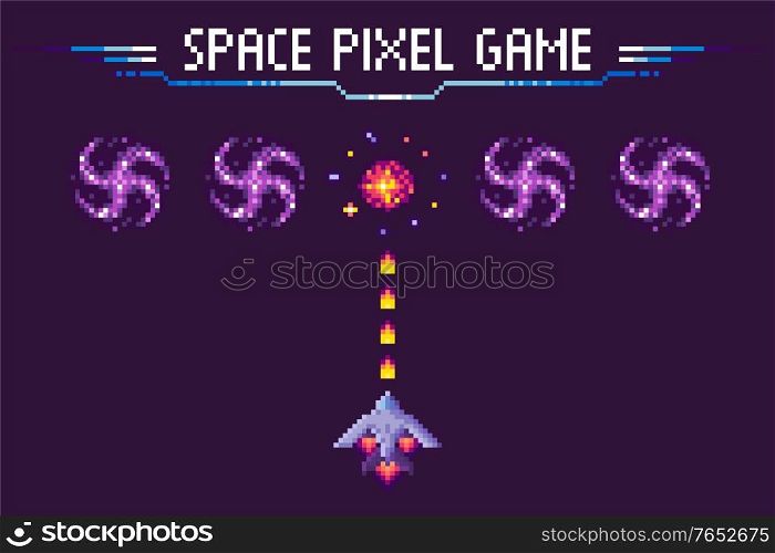 Spaceship shooting to cosmic sign, space pixel game, invader ship with laser on purple, screen of video-game, detonation and rocket, bomb element vector. Space Pixel Game, War of Ship and Object Vector