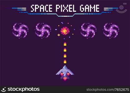 Spaceship shooting to cosmic sign, space pixel game, invader ship with laser on purple, screen of video-game, detonation and rocket, bomb element vector. Space Pixel Game, War of Ship and Object Vector