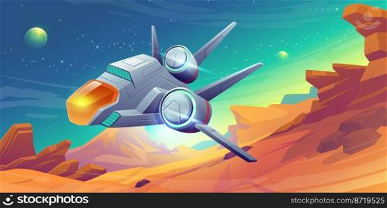Spaceship take off from alien planet, space shuttle flying over landscape with rocks and green sky. Interstellar travel, cosmos or universe exploration, fantasy game scene, Cartoon vector illustration. Spaceship take off from alien planet, shuttle