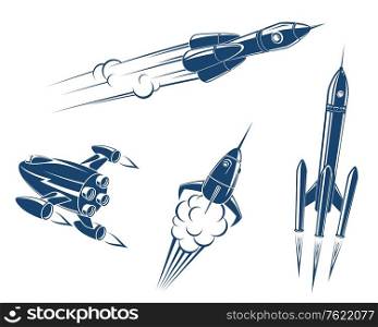 Spaceships and rockets flying in space. Vector illustration