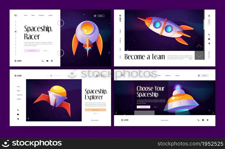 Spaceships banners with different rockets and shuttles for exploration, race and travel in cosmos. Vector landing pages with cartoon illustration of spacecrafts on background of sky with stars. Spaceships banners with rockets and shuttles