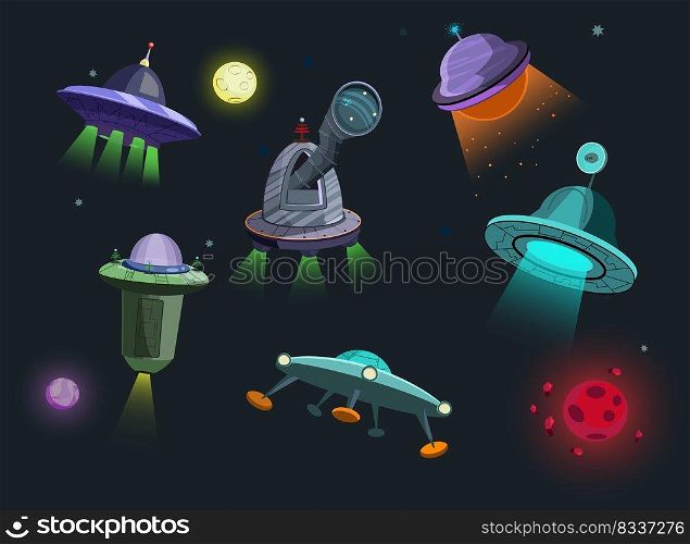 Spaceships set illustration. Flying saucers on black cosmic background with moon and stars. Can be used for topics like space, science, non-fiction. Spaceships set illustration