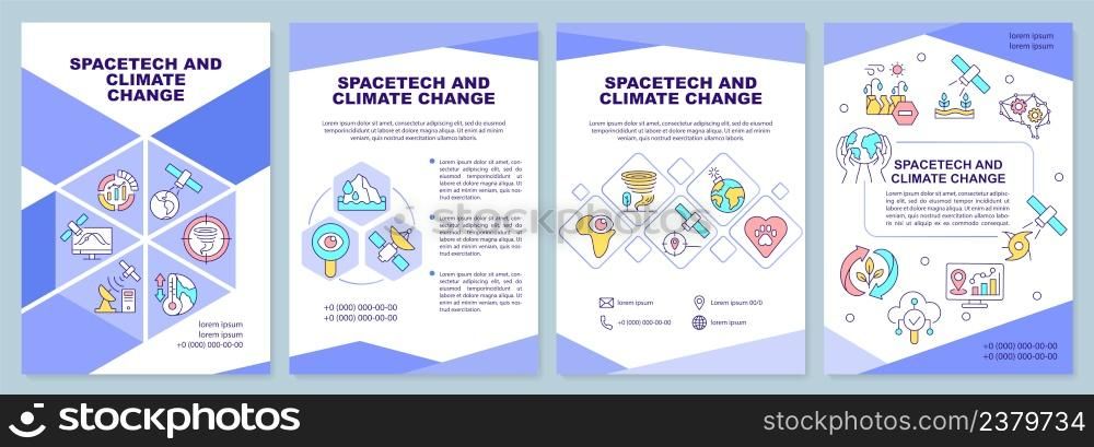 Spacetech and climate change blue brochure template. Ecology protection. Leaflet design with linear icons. 4 vector layouts for presentation, annual reports. Arial-Black, Myriad Pro-Regular fonts used. Spacetech and climate change blue brochure template