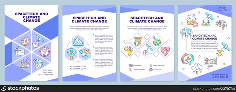 Spacetech and climate change blue brochure template. Ecology protection. Leaflet design with linear icons. 4 vector layouts for presentation, annual reports. Arial-Black, Myriad Pro-Regular fonts used. Spacetech and climate change blue brochure template