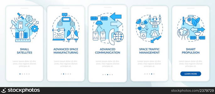 Spacetech trends blue onboarding mobile app screen. Innovations walkthrough 5 steps graphic instructions pages with linear concepts. UI, UX, GUI template. Myriad Pro-Bold, Regular fonts used. Spacetech trends blue onboarding mobile app screen