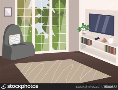 Spacious living room flat color vector illustration. Modern apartment 2D cartoon interior with plasma TV on background. House room with no people. Comfortable armchair, books and television. Spacious living room flat color vector illustration