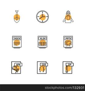 Spade ,clock , engineer , pptx ,power point , zip , compressed , docx , xlsx , excel file , css , apk android ,icon, vector, design,  flat,  collection, style, creative,  icons