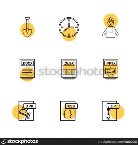 Spade ,clock , engineer , pptx ,power point , zip , compressed , docx , xlsx , excel file , css , apk android ,icon, vector, design, flat, collection, style, creative, icons