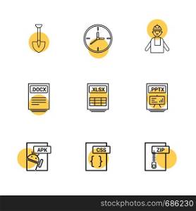 Spade ,clock , engineer , pptx ,power point , zip , compressed , docx , xlsx , excel file , css , apk android ,icon, vector, design, flat, collection, style, creative, icons