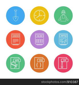 Spade ,clock , engineer , pptx ,power point , zip , compressed , docx , xlsx , excel file , css , apk android ,icon, vector, design, flat, collection, style, creative, icons