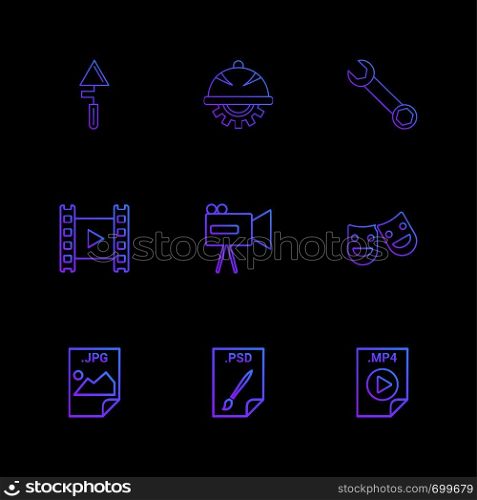 Spade , gear , wrench , video , camcoder , smiley , image , psd file , video , mp4 ,icon, vector, design, flat, collection, style, creative, icons